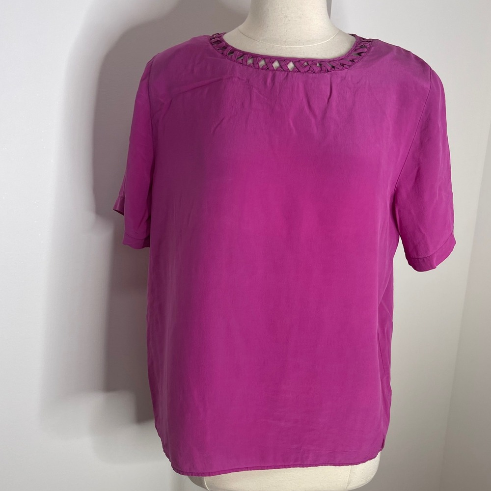Kathie Lee Magenta Pink 100% Silk Short Sleeve Lattice Neck Blouse Size 10